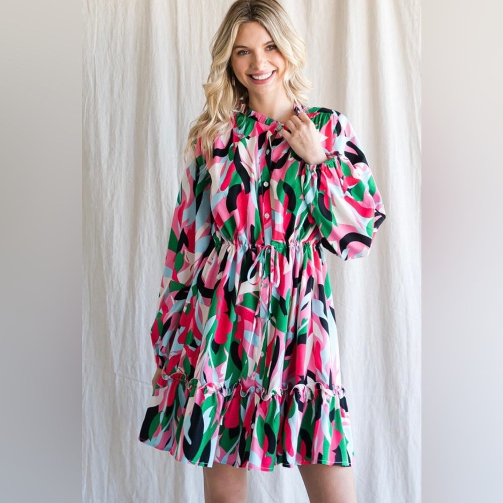 Jodifl Green Colorful Floral Print Button Up Drawstring Dress
